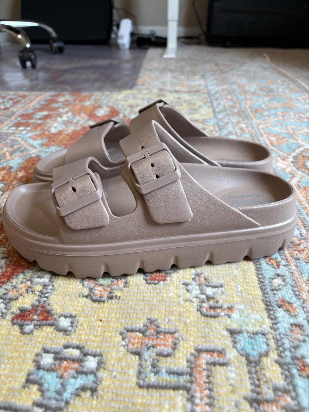 Women’s Funky Monkey Light Coffee Taupe Double-Buckle Slide Sandals